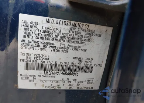 2006 Mercury Montego Premier from USA, damaged, VIN 1MEFM42146G604046